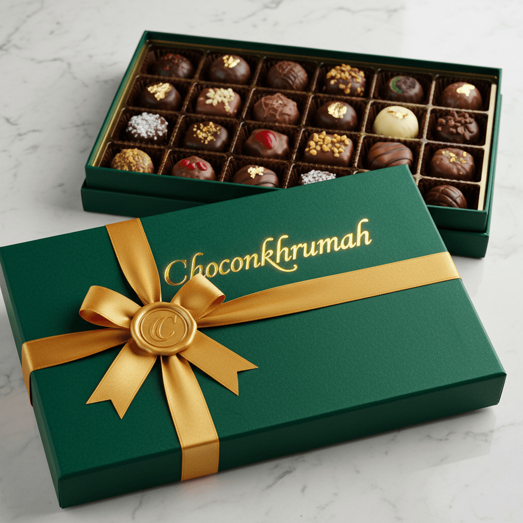 The State Gift Box of the House of Choco Nkrumah — an emerald coffret with gold ribbon, bow and wax seal, holding an assortment of hand-finished chocolates